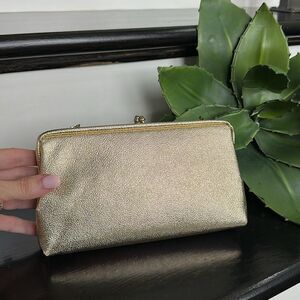 New Gold Metallic Kiss Lock Clutch Purse with Chain Convertible Evening Bag